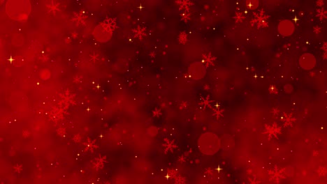 confeti rojo, copos de nieve y luces bokeh en el fondo rojo de navidad