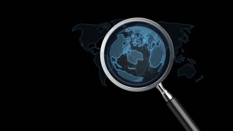 Animation-of-world-map-and-magnifying-glass-over-black-background