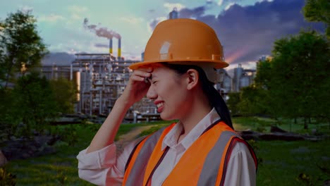close up side view of asian female engineer with safety helmet having a headache while working in front of oil refinery