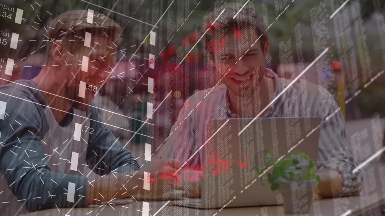 Men tapping trackpad and gesturing at laptop starting red grid overlay tech data before high-fiving