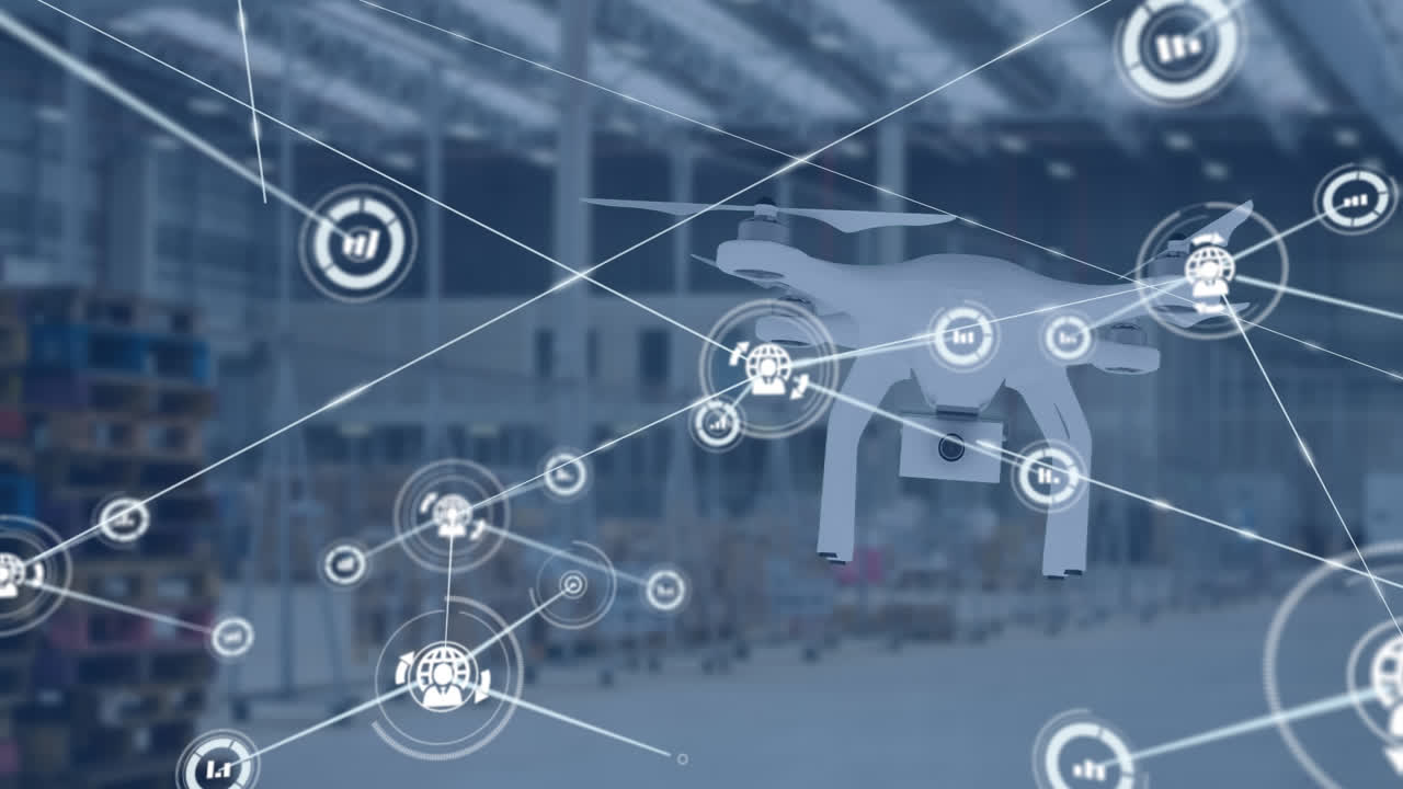 드론과 창고를 통해 아이콘으로 연결된 네트워크의 애니메이션