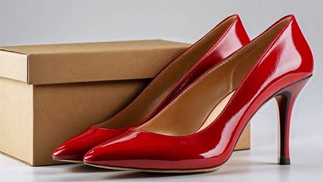 pair of red high heels with a cardboard box