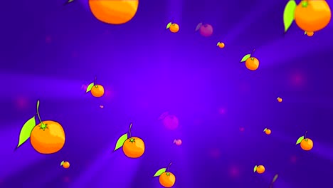 juicy tangerine smoothly moving from bright glow rotating on the purple background. 3d loop animation.