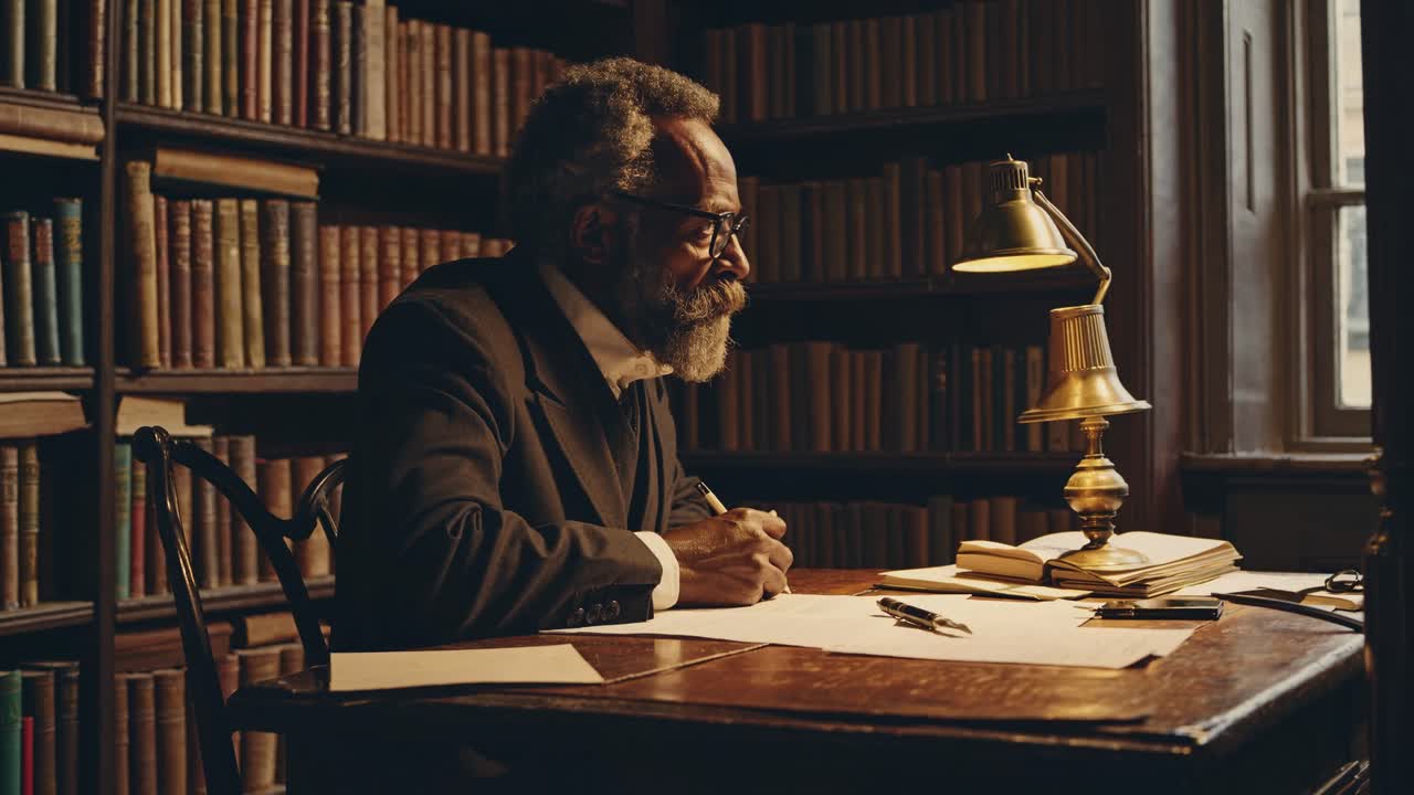 A scholarly man writes at a wooden desk in a dimly lit library. The side angle captures a vintage