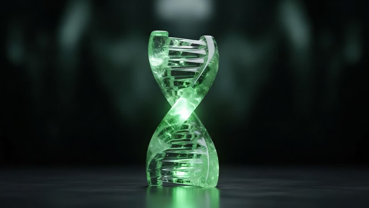 Illuminated Green DNA Helix Sculpture Showcasing Genetics and Molecular Biology Concepts with a Futuristic Bronze Base Against a Dark Background
