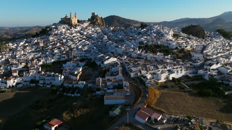 Touristic-Town-Olvera,-White-Houses-In-Spanish-Village,-Cadiz,-Andalusia,-Spain---aerial-drone-shot