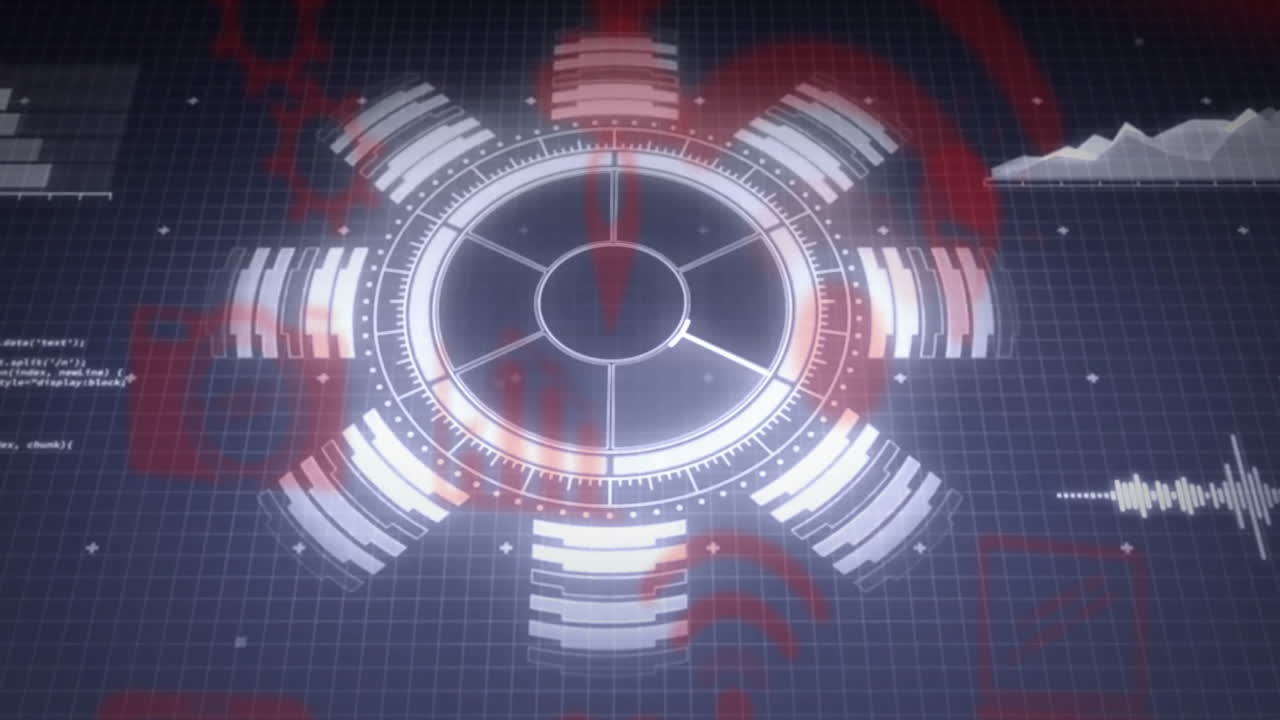 Central circular HUD interface rotating and updating values, showing data clusters in flat design