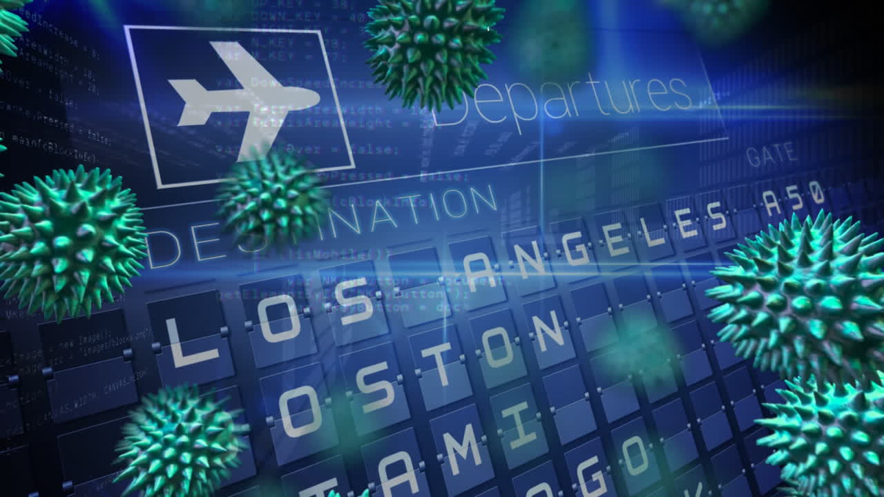 출발 보드 위에 퍼지는 거대 코로나바이러스 코로나19 세포의 애니메이션