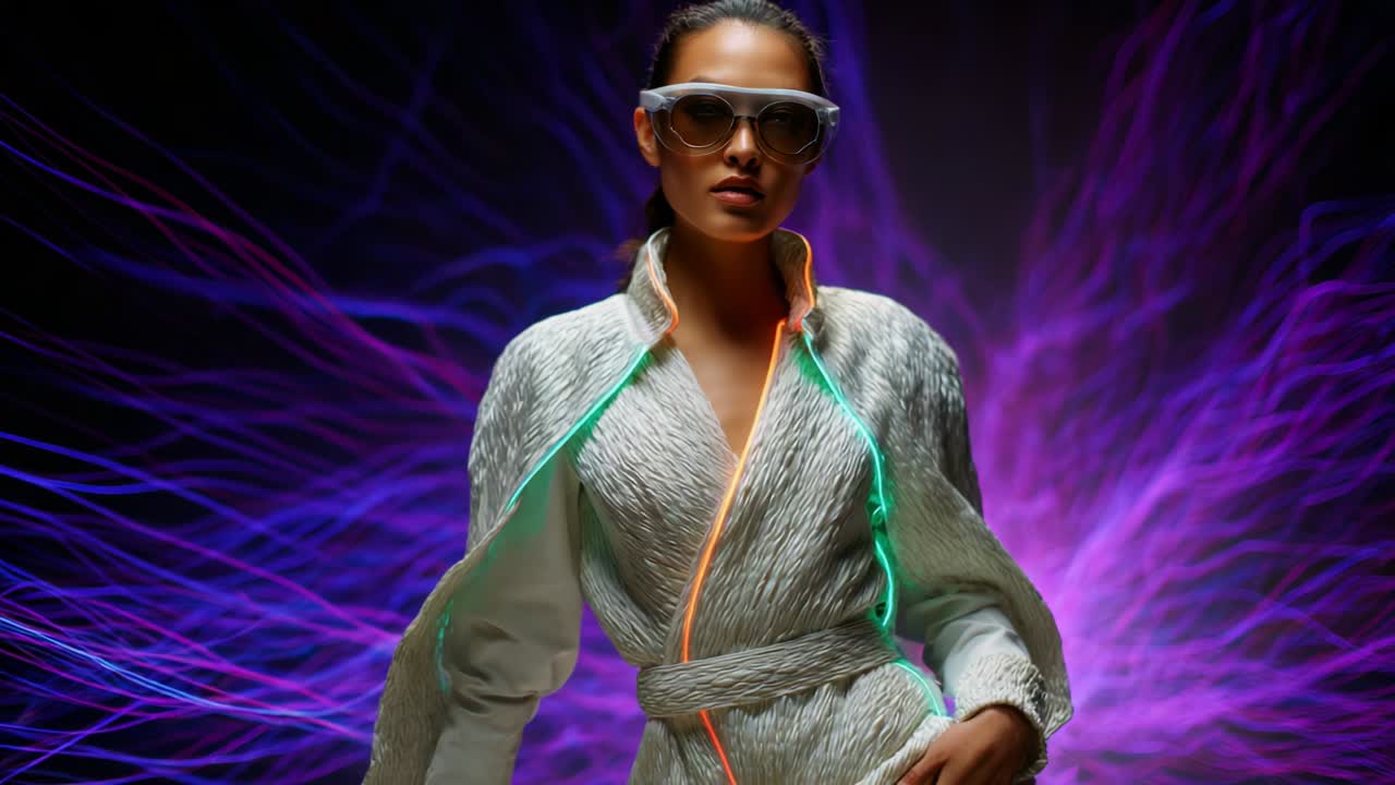 Un modello elegante mette in mostra una moda futuristica in un ambiente suggestivo con dettagli al neon e scie luminose dinamiche che enfatizzano l'energia e l'estetica del design moderno, fondendo tecnologia e arte.