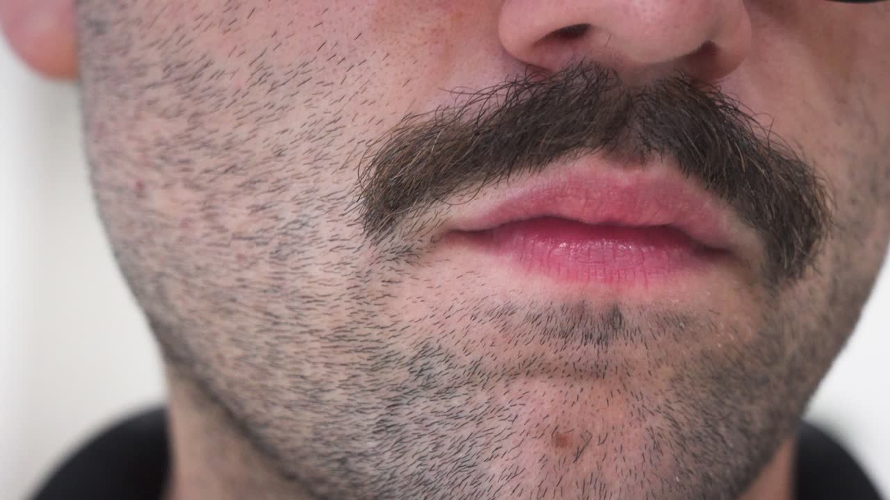 A close up view of a man with a prominent mustache