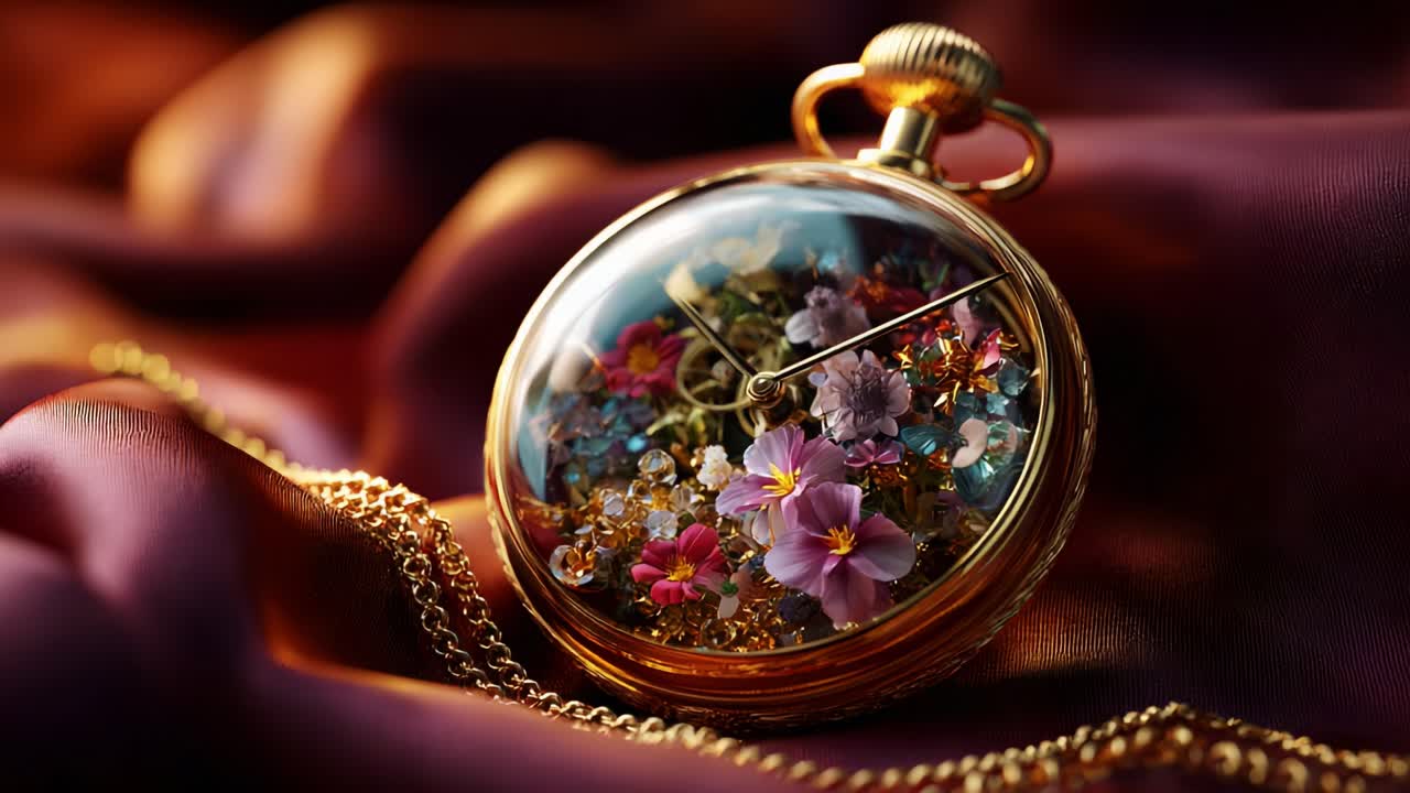 An Elegant Pocket Watch Adorned with Delicate Flowers and Glimmering Gems, Capturing the Essence of Time and Nature in a Beautifully Crafted Piece of Art