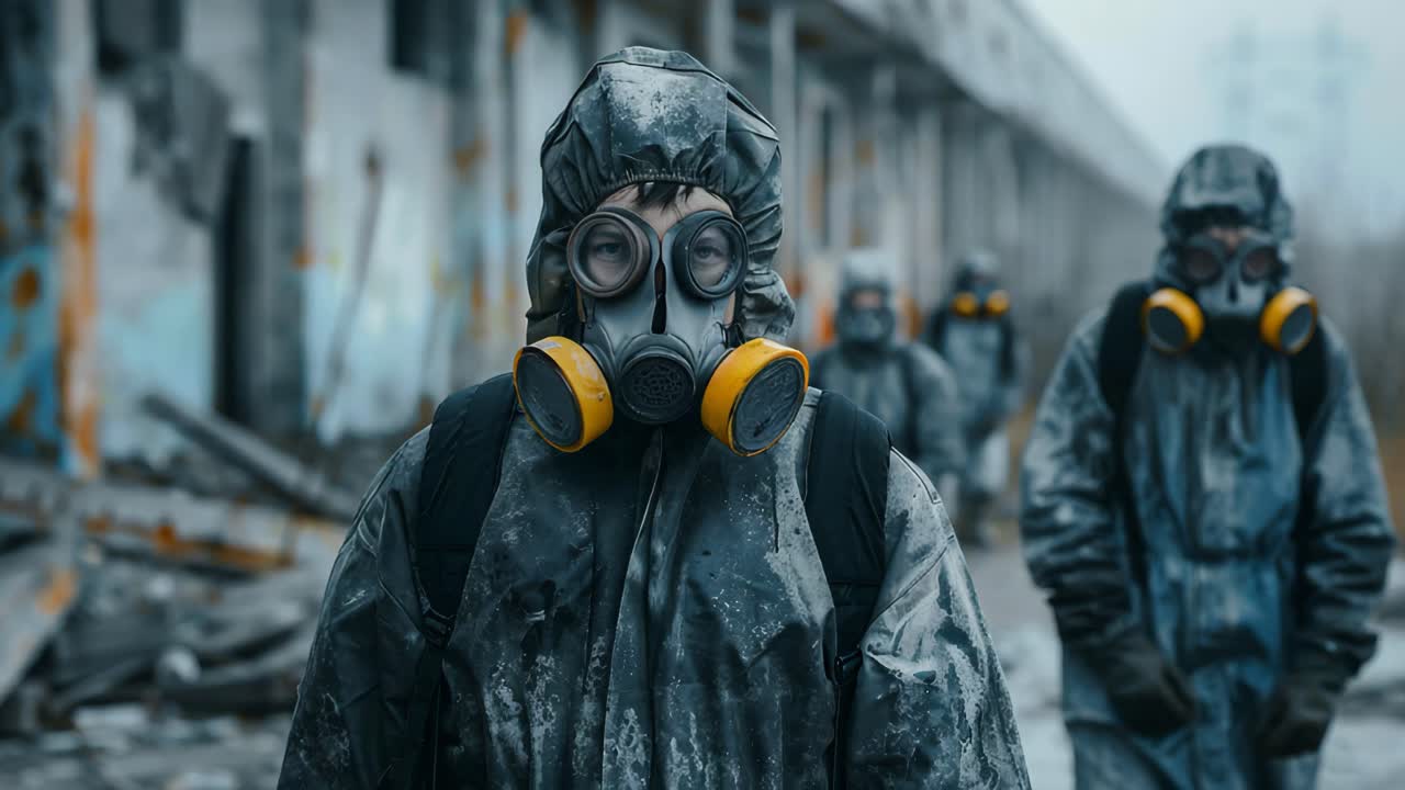 People in Protective Gear Walking Through a Post-Apocalyptic Ruined City