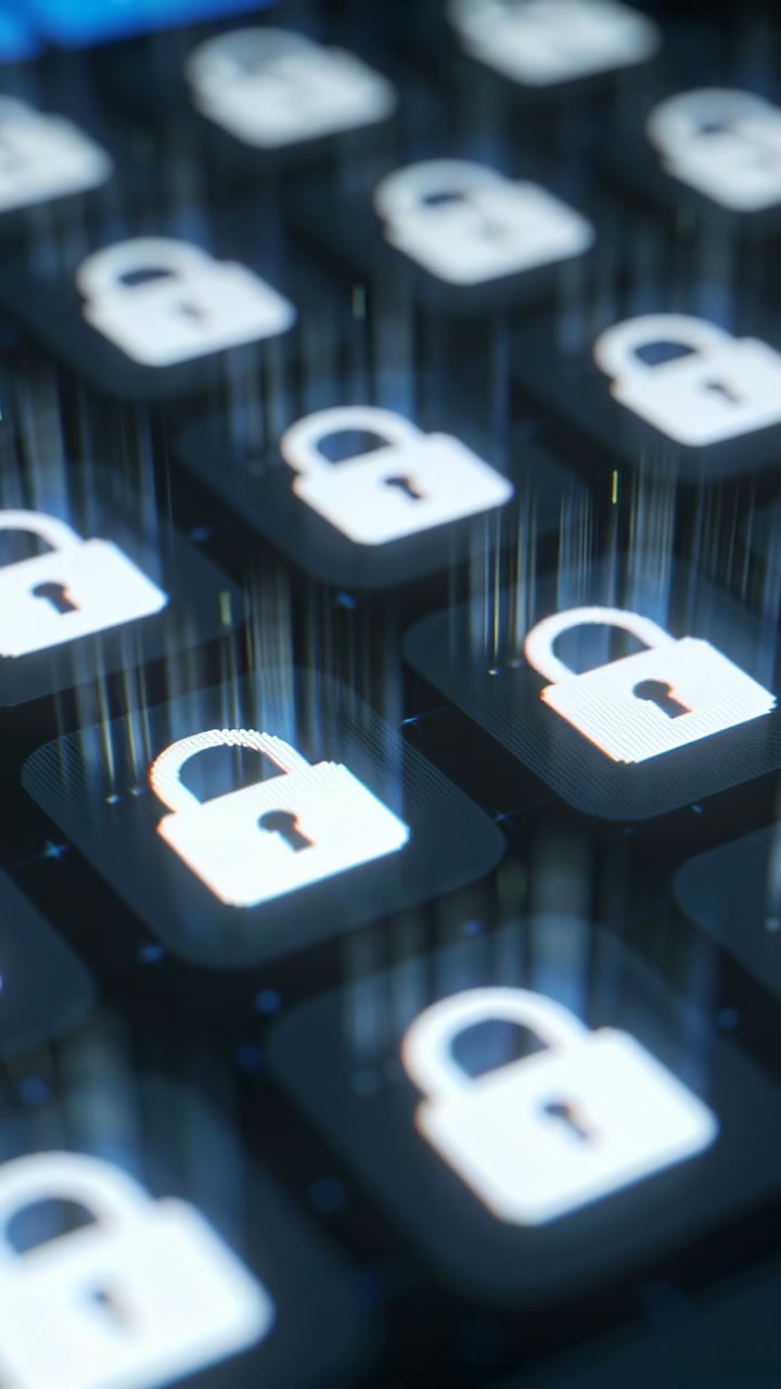 Vertical video: Camera pulling back revealing padlock grid coming into focus with blue data streaks