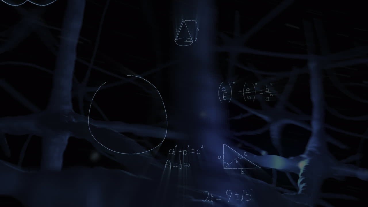 Animation of mathematical equations over digital neurons on black background