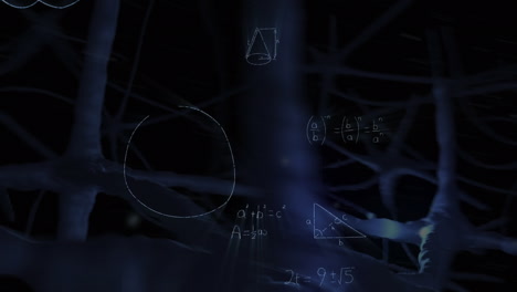 animation of mathematical equations over digital neurons on black background