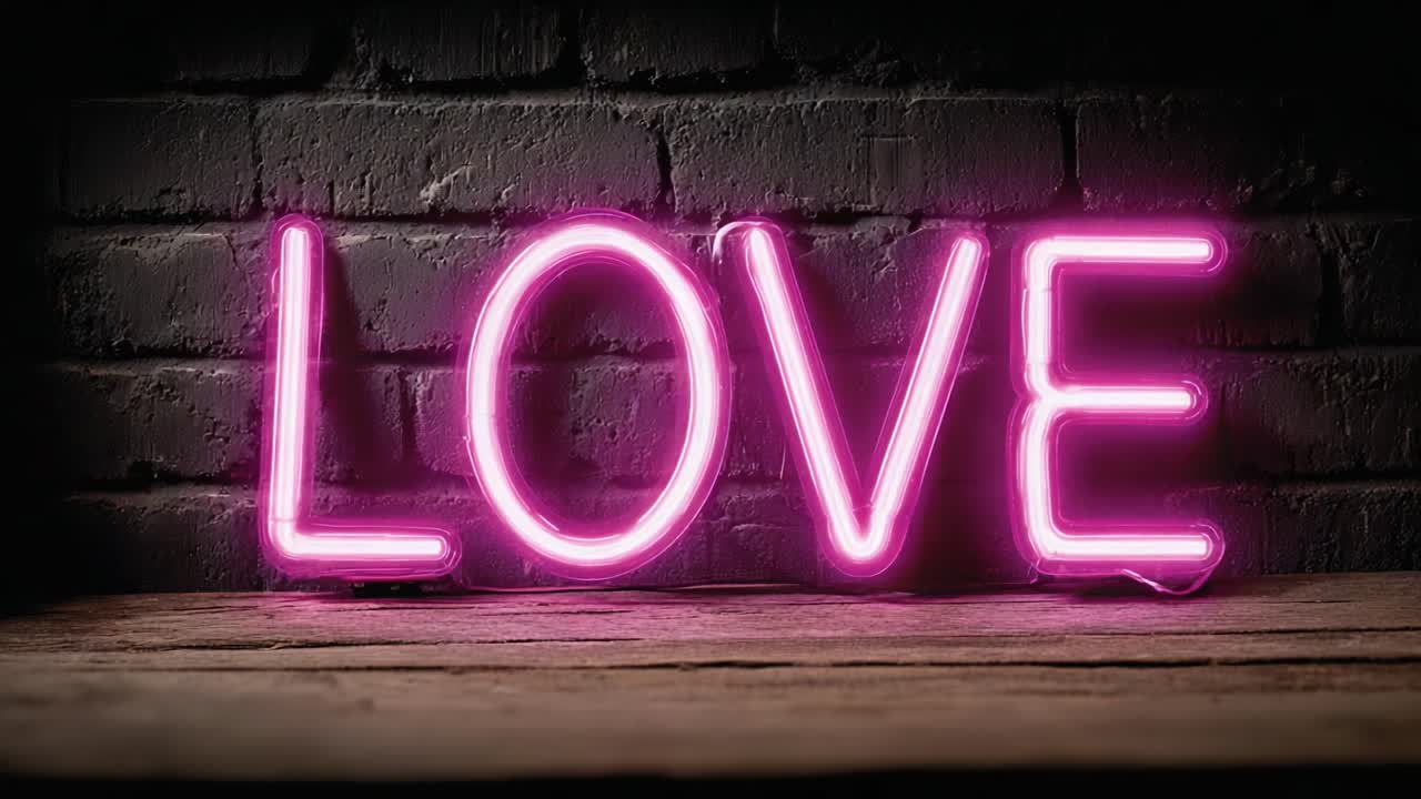 A Captivating Display of Neon Art: The Word 'LOVE' Illuminated in Vibrant Pink on a Dark Brick Background, Evoking Strong Emotions and Romantic Feelings