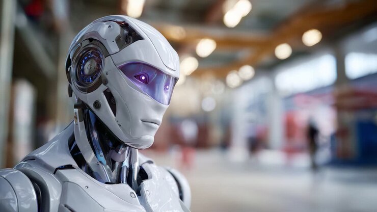 Robot umanoide futuristico con funzionalità avanzate, che mette in mostra design intricato e tecnologia all'avanguardia in un ambiente moderno con elementi di sfondo sfocati