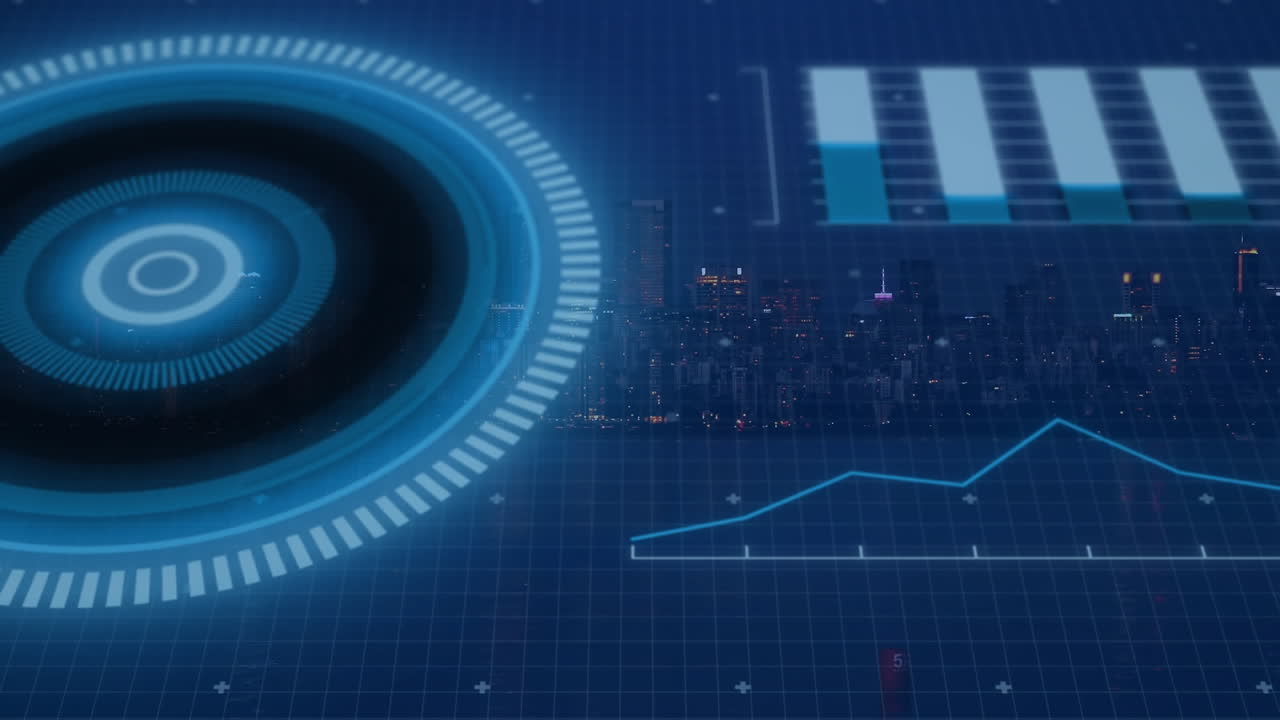 Animation of circles and graphs over sea and modern illuminated buildings against sky