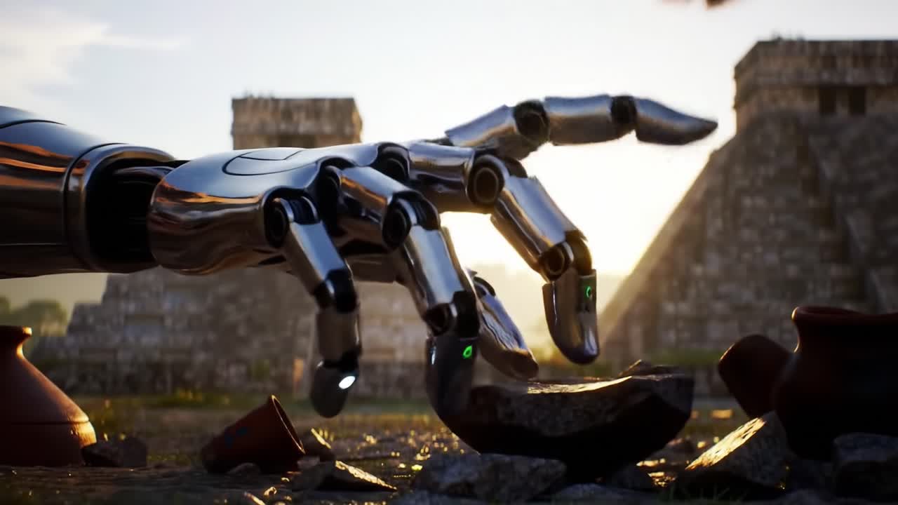 A Futuristic Robot's Grasp: Capturing the Essence of Ancient Civilization Amidst Epic Ruins and Pottery in an Enigmatic Sunset Setting