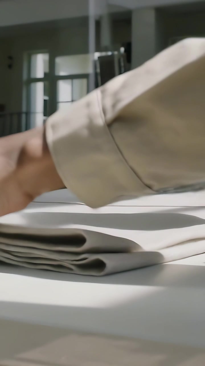 Vertical video: Placing right hand in beige sleeve folding, smoothing linen on white table, tidying