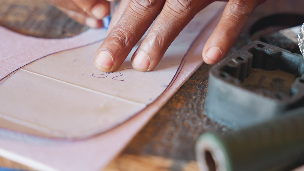 Un calzolaio nero segna la soletta in pelle con lesina e gesso, tracciando la linea di cucitura e perforando i fori guida, primo piano di dita ferme e strumento perforatore vintage, misurazione precisa, concentrazione silenziosa dello studio.