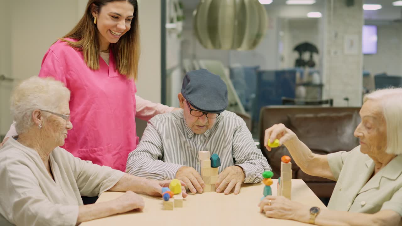 Elderly people playing with wooden blocks