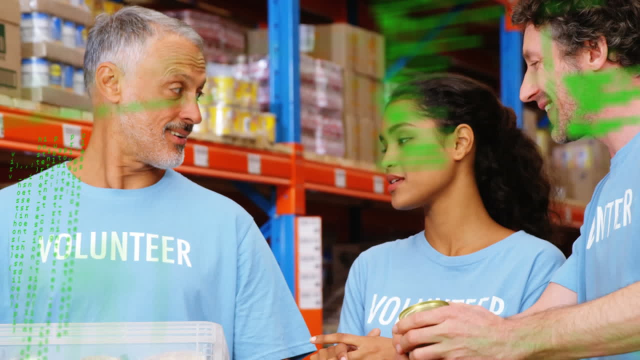 Animation of data processing over diverse people working in warehouse