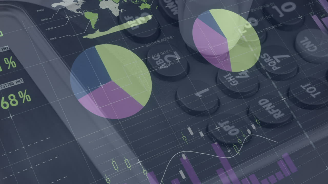 animación de gráficos y datos financieros sobre la mano de un hombre caucásico que posee un terminal de pago