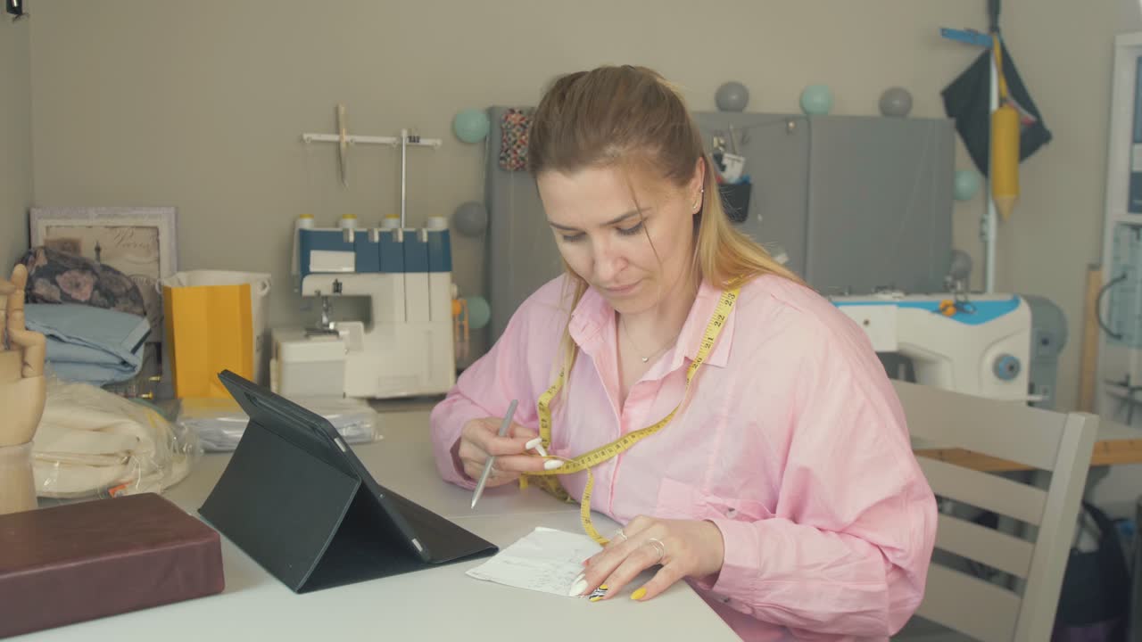 женщина-шивач записывает измерения.