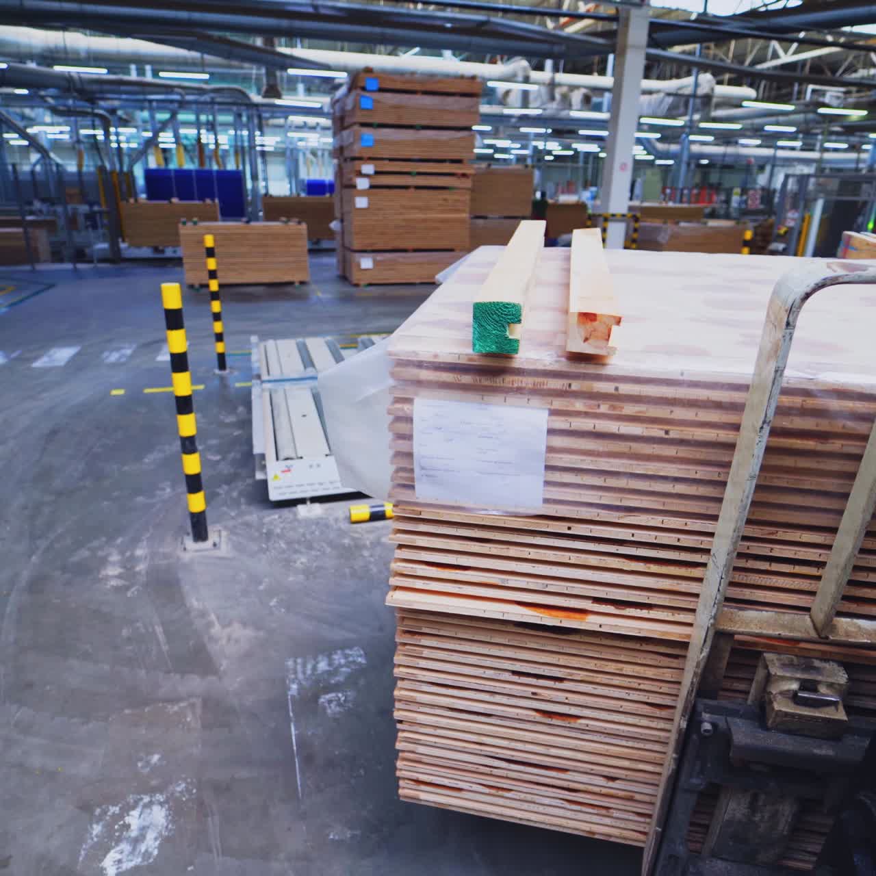 Factory of laminate production. Forklift truck taking a pile of wooden pallets. Interior of warehouse of a parquet board production.