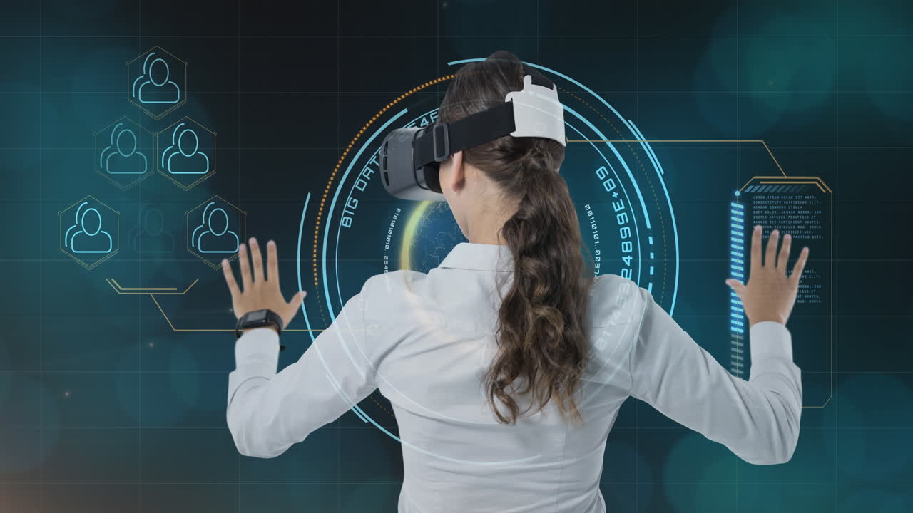 Using virtual reality headset, woman interacting with digital interface over network graphics