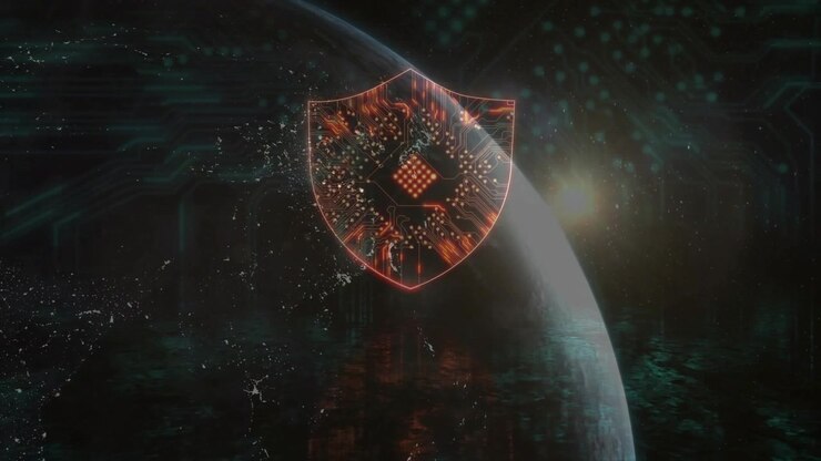 Icona di scudo digitale che emerge come particelle che convergono su una griglia, circuiti pulsanti che proteggono il pianeta.