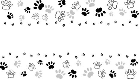 rectangular pet paw print frame with blank space for text and images. black silhouette track of dog or cat paw prints. loop animation.