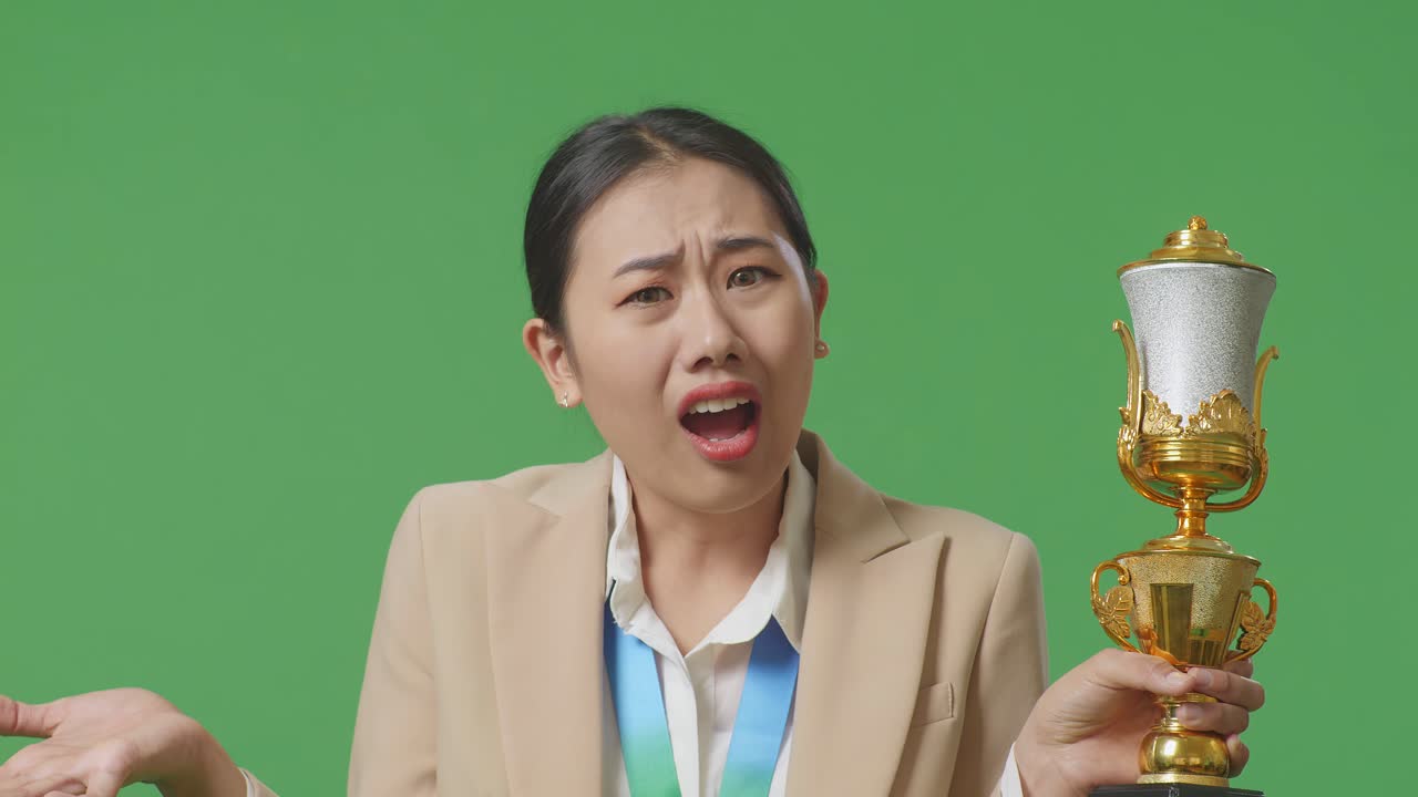 황금 메달을 가진 슈트를 입은 아시아 사업가 여성이 스튜디오의 녹색 스크린 배경에서 트로피를 의심스럽게보고 있습니다.