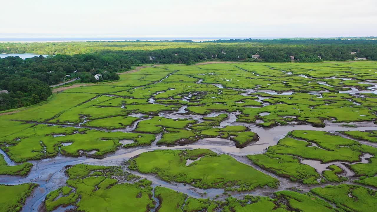 Aerial drone perspective shows expansive marshes filled with tidal flats, green vegetation, and meandering waterways that stretch across the horizon, forming intricate natural designs