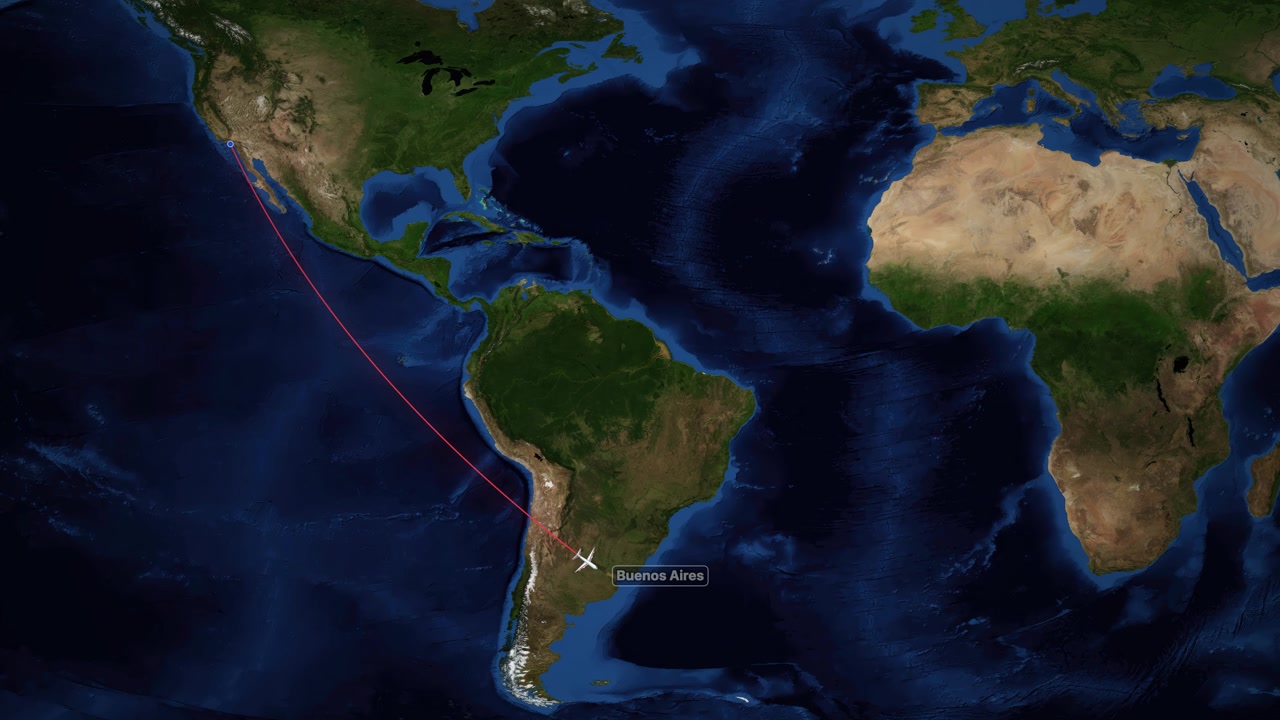 Animacja satelitarnej mapy świata śledząca czerwoną trasę lotu z Los Angeles do Buenos Aires