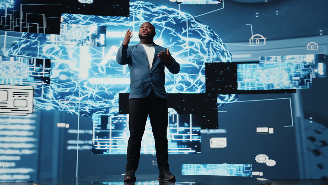 Tech savvy black male engineer reviewing big data AI brain