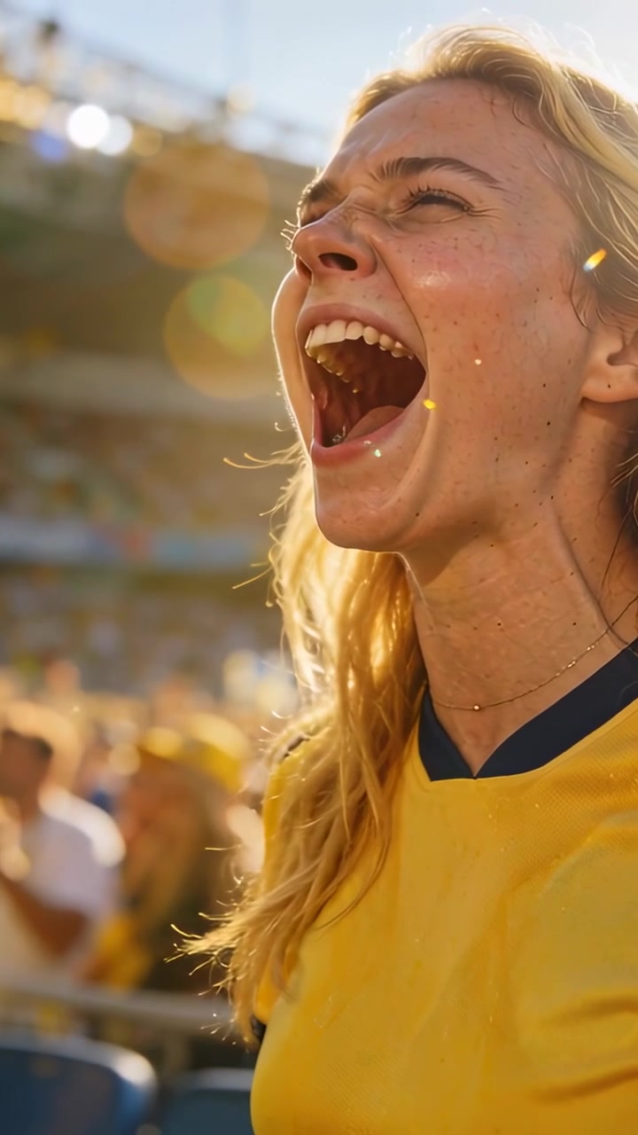 Vídeo vertical: Mulher sorrindo, inclinando-se, torcendo, reagindo após gol nas arquibancadas, com camisa amarela