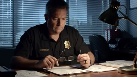 Police Officer Working on a Case at Night