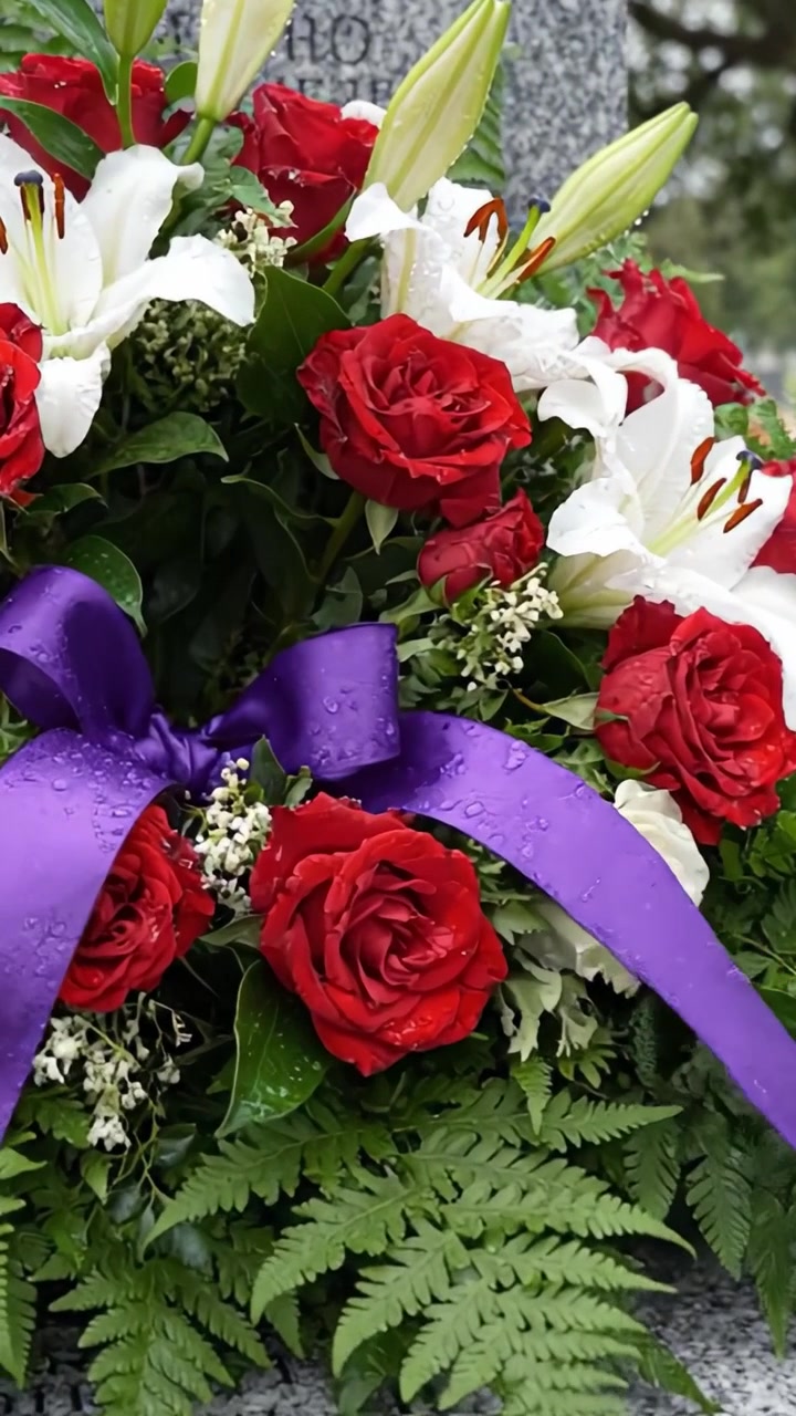 Rangkaian Bunga Indah Mawar Merah dan Lili Putih Menghiasi Nisan, Melambangkan Cinta, Kenangan, dan Penghormatan untuk Orang Terkasih yang Telah Tiada