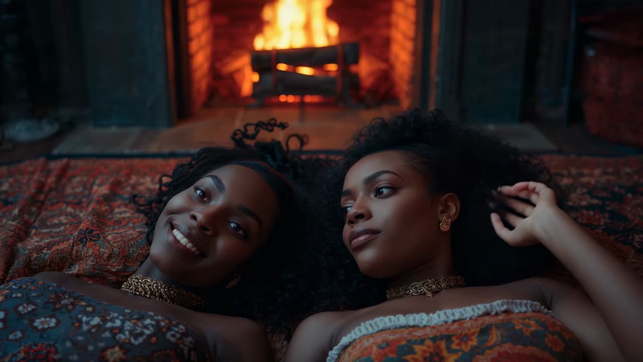 Turning head woman on right brushing hair toward companion sharing moment on rug, fireplace glow