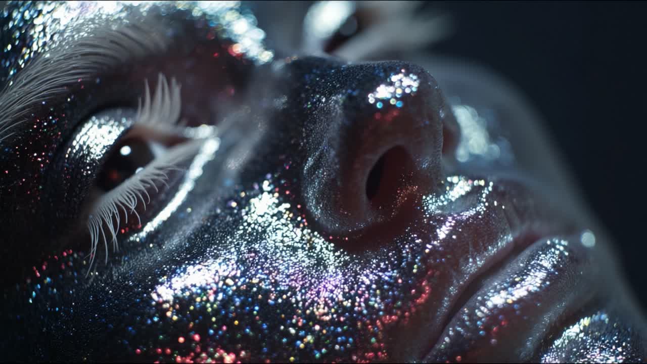 Glistening Reflection: A Close-Up Exploration of Shimmering Glitter and Captivating Details on a Face Enveloped in Iridescent Sparkles