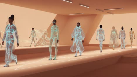 futuristic fashion show featuring models in neon-circuit-inspired outfits showcasing a blend of technology and style in an innovative catwalk atmosphere