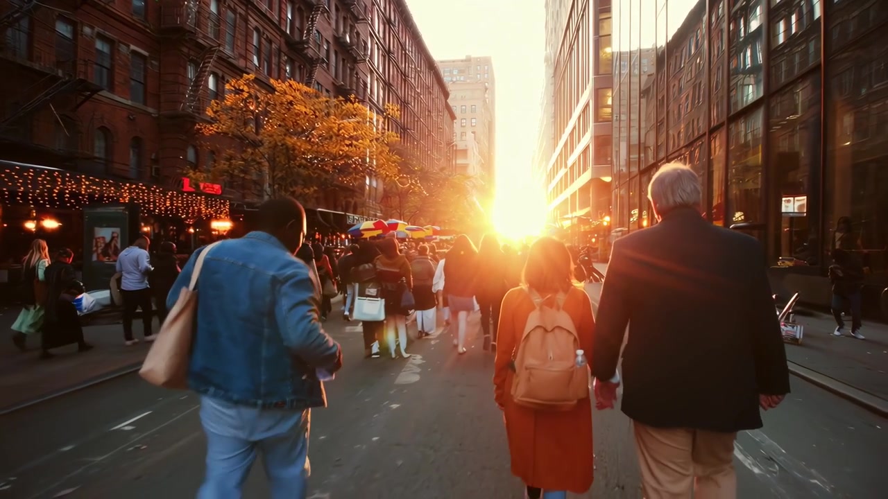 Persone che camminano lungo una strada trafficata della città al tramonto.