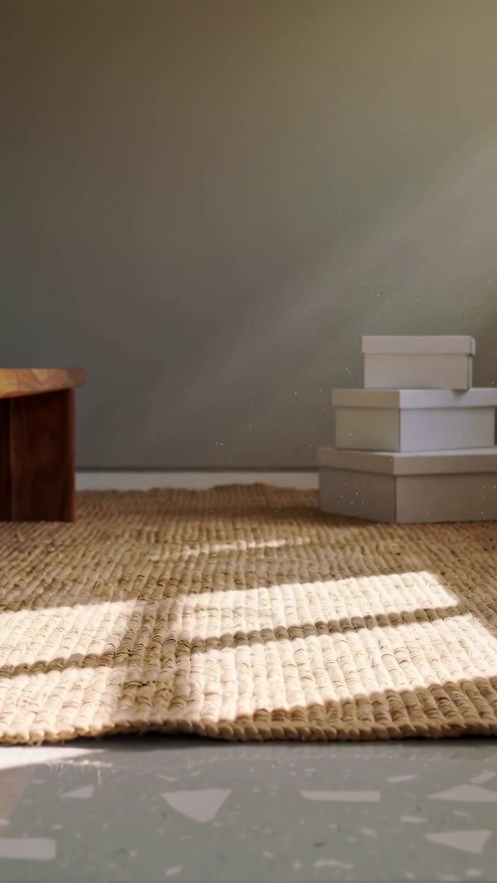 Video verticale: Luce solare che filtra e si sposta su un tappeto intrecciato nell'ingresso, mostrando particelle di polvere e scatole.
