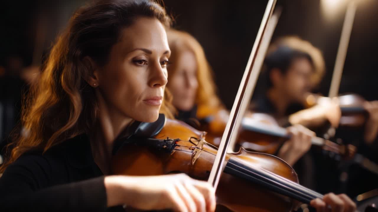 Eine versierte Geigerin fesselt das Publikum mit ihrer kraftvollen Darbietung und zeigt ihr Talent sowie die Schönheit der klassischen Musik in einer atemberaubenden Orchesterkulisse.