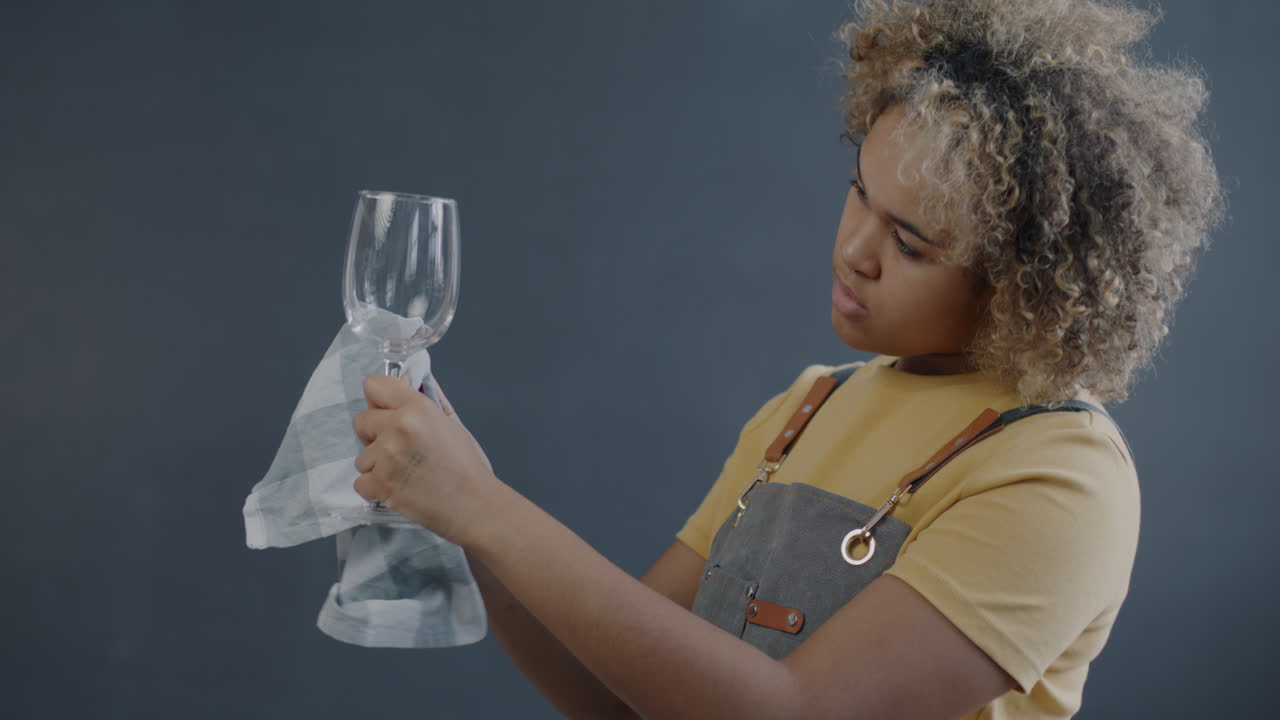Woman cleaning a wine glass