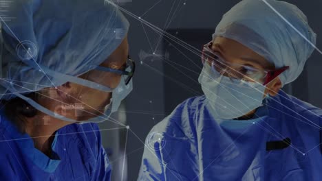 Netzwerk-Von-Verbindungen-Gegen-Männliche-Und-Weibliche-Chirurgen,-Die-Operationen-Im-Operationssaal-Durchführen