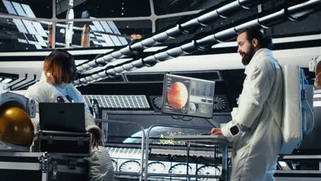 astronauts flying in starship exploring mars, seeking extraterrestrial life