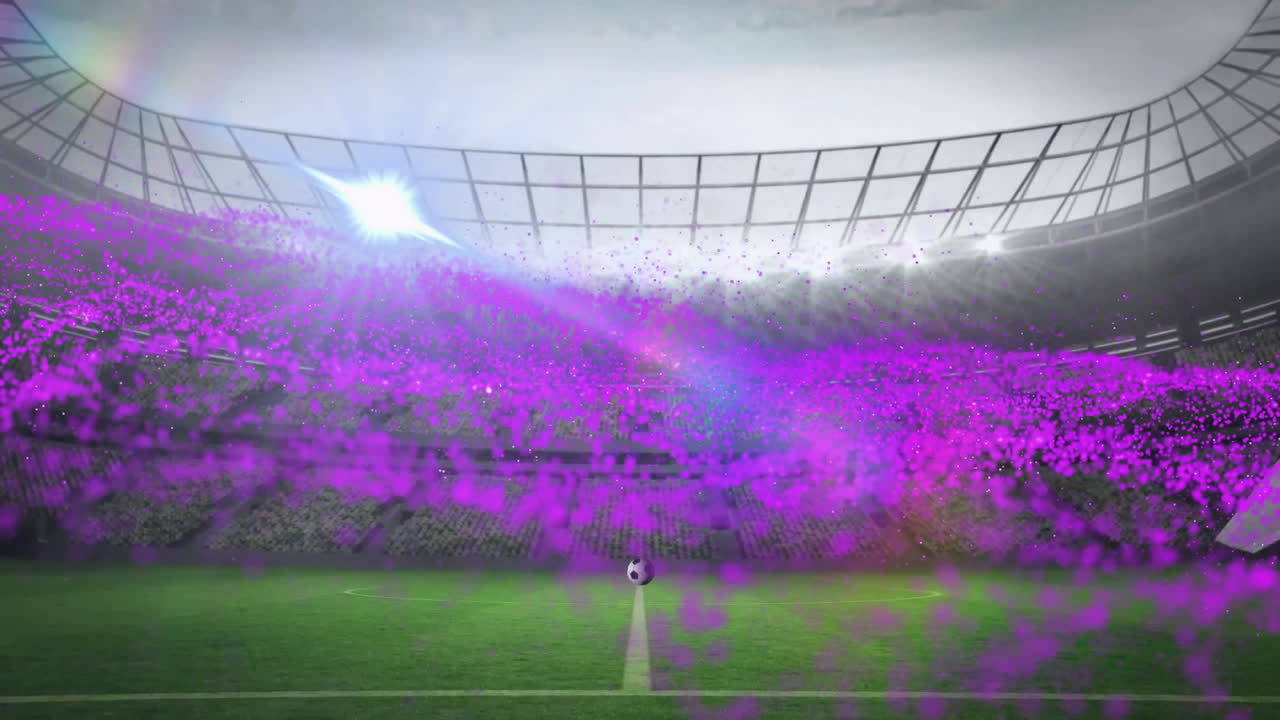 On field, soccer ball surrounded by vibrant purple particles and animation shapes